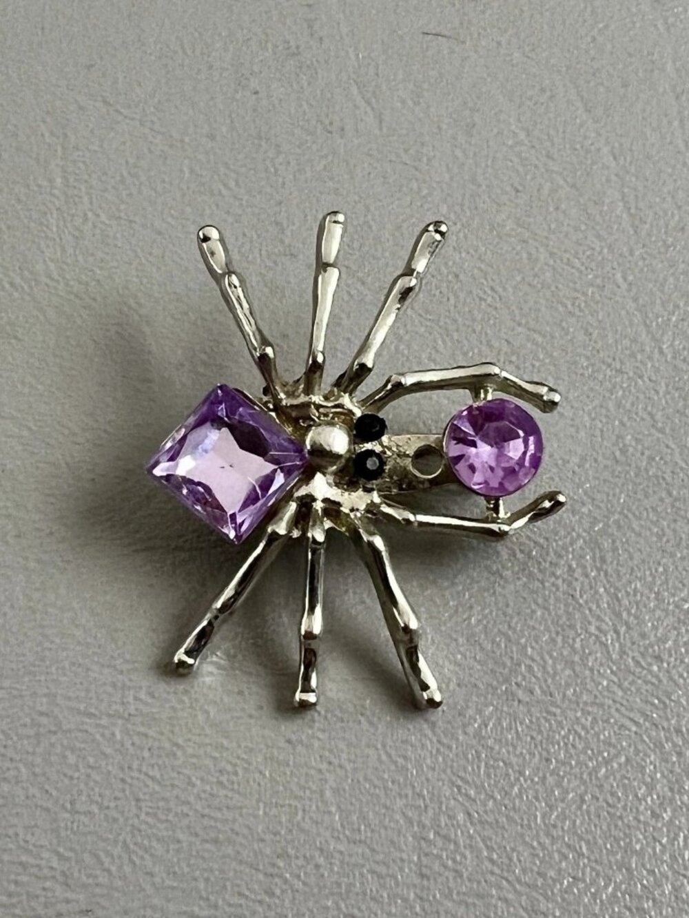 Purple Rhinestone Spider Brooch Silver Tone Costume Jewelry Pin Black Eyes